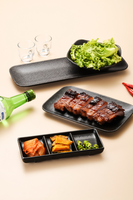 Assiette à sauce divisée en trois compartiments, en mélamine, durable, élégante, noire, pour restaurant de sushi et de barbecue, usage commercial
