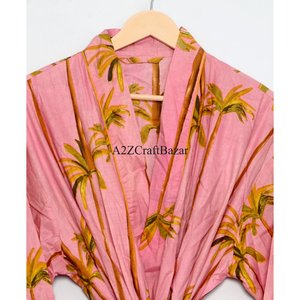 Kimono hecho a mano con estampado a mano en algodón, estilo japonés para mujer, bata de baño, ropa de playa, kimono floral de algodón. - Product Image 4