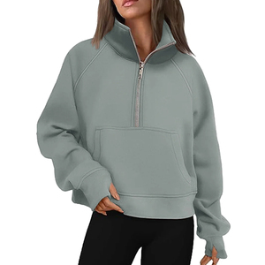 Sweat-shirt à capuche court oversize pour femme, à demi-zip, à manches longues, doublé, pour l'hiver et l'automne - Product Image 1