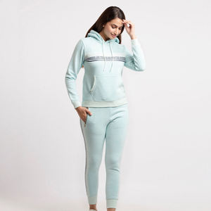 Ensemble de survêtement bleu ciel pour femme 100 % coton avec capuche, poches cache-oreilles et col en dentelle - Product Image 3