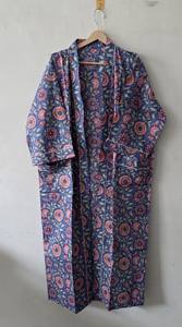 Exquisite Flock Print Indigo Cotton Summer Casual Knitted Robe Ankle <b>Length</b> <b>Dressing</b> <b>Gown</b> 100% Premium Soft Cotton Kimono - Product Image 3