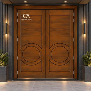 Porte d'entrée double moderne en bois massif GA-41L – Design à rainures circulaires - Product Image 1