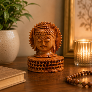 Estatua de Buda de madera hecha a mano con red de malla |   Escultura Decorativa de Cabeza de Buda |   Decoración Zen Asiática para el Hogar y la Oficina, Decoración Espiritual para Diwali - Product Image 6