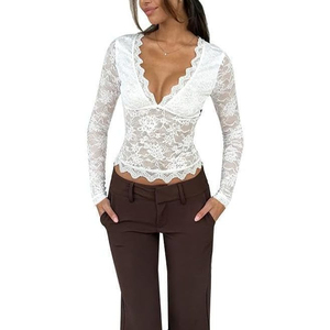 Top Corto de Encaje Blanco para Mujer, Cuello en V, Manga Corta, Estampado Floral, Ajustado, Sexy, para Club, Transparente, de Poliéster - Product Image 1