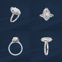 Bague de fiançailles pour femme en platine et diamant taille marquise 2 carats, style classique avec halo et diamants latéraux, certifiée GIA