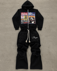Conjunto de Sudadera con Capucha y Pantalones Deportivos con Gráficos Personalizados, Pedrería, Pierna Ancha, Estilo Urbano, Unisex, Marca Privada, OEM, Venta al Por Mayor - Product Image 1