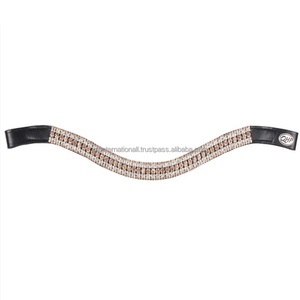 Bandes de sourcils de cheval équestre en cuir véritable de haute qualité avec cinq rangées de cristaux blancs et dorés couleurs personnalisées au meilleur prix - Product Image 4