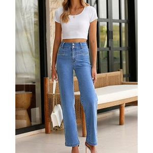 Jeans décontractés pour femmes à taille haute, coupe droite, extensibles, à jambe large et coupe ample en denim – Vente en gros - Product Image 6