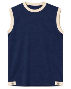 Conjunto de dos piezas personalizado para hombre, camiseta sin mangas azul marino y pantalones cortos, conjunto informal de verano de algodón con ribete en contraste y cordón ajustable. - Product Image 1