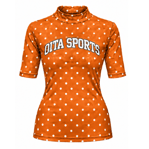 Orange Polka Dot Women <b>Mock</b> <b>Neck</b> Short Sleeve T Shirt Slim Fit Stretch Casual Printed <b>Top</b> Fashion Summer Apparel Wholesale - Product Image 1
