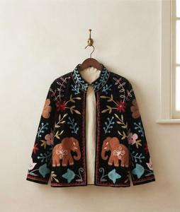 Vintage Black <b>Velvet</b> Floral Embroidered Suzani <b>Jacket</b> with Elephant Pattern Full Sleeve Stand Collar Boho Autumn Women's Coat - Product Image 4