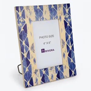 Marco de fotos decorativo de madera con diseño azul índigo, soporte para fotos para mesa, sala de estar, dormitorio, decoración de oficina - Product Image 3