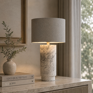 Luxury White Marble <b>Table</b> <b>Lamp</b> With Charcoal Fabric Shade Natural Stone Construction Premium Ambient Lighting - Product Image 1