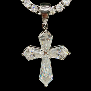 <b>Mens</b> Moissanite 925 <b>Silver</b> <b>Cross</b> Pendant <b>Necklace</b> Baguette Cut Stone Gothic Religious Charm Luxury Statement Jewellery - Product Image 1
