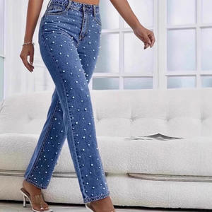 Jeans Ajustados de Alta Elasticidad para Mujer, Lavado Oscuro, con Cuentas de Perlas Laterales, Dobladillo Desgastado a la Moda, Jeans de Primera Calidad para Mujer - Product Image 2