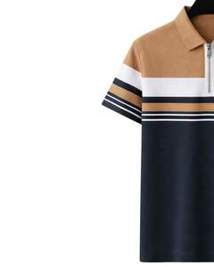Polo de manga corta para hombre, con cremallera de un cuarto, a rayas camel y negras, informal, con paneles en contraste, personalizado por el fabricante, para verano. - Product Image 2