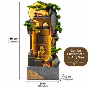 Fuente de Agua en Cascada con Diseño de Montaña Zen Japonesa, Escultura de Bonsái de Piedra, Iluminada, con Figura de Ciervo - Product Image 4