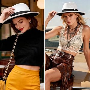 Sombrero Fedora de Lana Blanca con Cinta Negra, Ala Ancha, Estilo Formal Unisex para Primavera/Verano, Uso Casual - Product Image 3