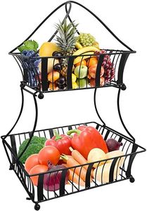 Nouveauté : Panier de rangement pour fruits et légumes en fil métallique noir pour comptoir de cuisine, avec 2 niveaux, design personnalisé, panier à fruits en métal - Product Image 6