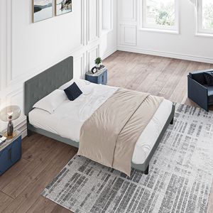 Letto Moderno Matrimoniale con Struttura a Piattaforma e Testiera in Tessuto di Lino Trapuntato con Bottoni, Non Richiede Rete a Doghe, con Doghe in Legno Incluse - Product Image 3