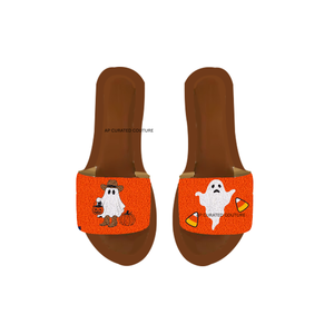 Sandalias planas con pedrería y lentejuelas de Halloween Candy Corn, de punta abierta, a la moda, para fiestas y temáticas de Halloween. - Product Image 2
