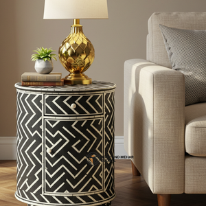 โต๊ะข้างเตียงลายก้างปลาสีดำขาว งานแฮนด์เมด เป็นมิตรกับสิ่งแวดล้อม พร้อมลิ้นชัก 2 ช่อง โต๊ะข้างตกแต่งห้องนั่งเล่นสไตล์โมเดิร์น - Product Image 3