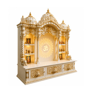 Traditional White and Gold <b>Mandir</b> with Om Back Design Hand-Carved Indoor Temple for Villa Home Hindu Prayer Pooja <b>Mandir</b> London - Product Image 1
