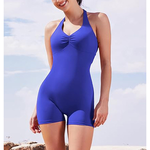 Mono de yoga azul real vibrante con cuello halter para mujer, con busto fruncido y sujetador acolchado, body deportivo de una pieza - Product Image 5