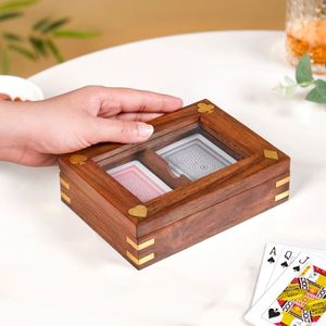 Boîte de rangement en bois pour cartes à jouer avec couvercle miroir en verre, double compartiment, organisateur de jeu de poker, étui cadeau pour soirée de jeu - Product Image 3