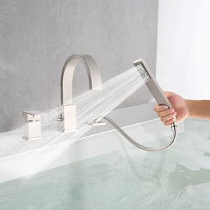 Set rubinetto vasca idromassaggio a 3 fori con doccetta e soffione a cascata, montaggio su piano, per bagno e doccia - Product Image 6