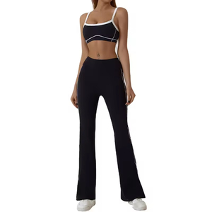 Conjunto de Yoga sin Costuras de 2 Piezas, Top Corto de Cintura Alta y Pantalones Acampanados, Color Sólido con Ribete en Contraste, Ropa Deportiva para Mujer - Product Image 5