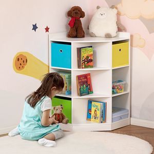Armadio ad angolo in legno bianco per bambini 9-Cubby espositore con cassetto Organizer per vestiti e libri accessori per camera da letto - Product Image 2