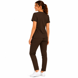Brown Women's <b>Scrub</b> <b>Set</b> With Pockets Elastic Waist Mid Rise Casual Fit Breathable Polyester Pants And Top Spring Wear - Product Image 2