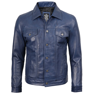 Chaqueta de Cuero Genuino Azul para Hombre, Corte Ajustado, Estilo Motero, Piel de Oveja Real, Diseño Vintage, Abrigo de Moda - Product Image 6
