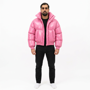 Chaqueta Acolchada Rosa para Hombre, Cuello Alto, Cierre de Cremallera, Relleno Grueso de Poliéster, Estilo Casual de Invierno, Corte Holgado, Color Sólido, Transpirable - Product Image 5