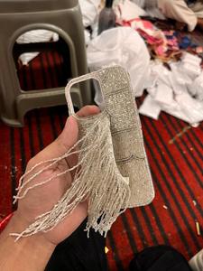 Handmade Luxury Yellow Beaded Floral Embroidery Phone Case with Tassels Rectangular Shape Cotton <b>Foundation</b> - Product Image 2