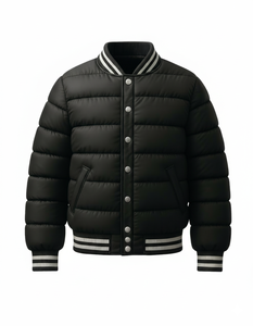 Nouvelle veste matelassée noire style universitaire pour homme, manteau bomber d'hiver matelassé à boutons-pression, col côtelé, streetwear, vêtement d'extérieur - Product Image 1