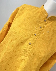 Yellow Embroidered Kurta With White Dhoti For Boys Indian Ethnic <b>Wedding</b> Wear Three Quarter Sleeve Cotton Ankle Length Regular - Product Image 5
