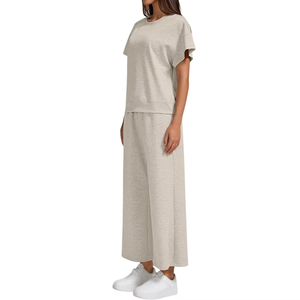 Conjunto Deportivo Casual para Mujer, Manga Corta, Cuello Redondo, Corte Holgado, Pantalones hasta el Tobillo, Color Sólido, Cintura Elástica, 100% Algodón, Ropa de Primavera - Product Image 3