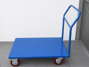 Chariot à plateforme en acier bleu avec quatre roues rouges, chariot industriel durable, surface thermolaquée, capacité de 350 kg, OEM - Product Image 1