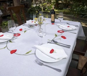 Custom Embroidered Red Poppy Flowers Tablecloth Washable <b>White</b> Linen Hemstitch <b>Table</b> Cloth Home Hotel Restaurant Use - Product Image 6