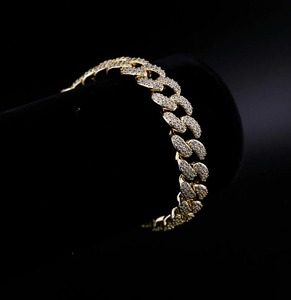 Pulsera de eslabones cubanos de oro amarillo con diamantes para hombre, plata 925, estilo hip hop, Miami Cuban - Product Image 1