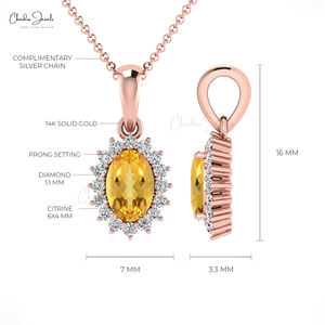 Pendentif de luxe en citrine taille ovale, or fin 14 carats, authentique, 0,54 carat total, avec halo de pierres précieuses et diamants, produit très apprécié, en promotion - Product Image 5