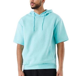 <b>Men's</b> Light Blue Oversized Hooded <b>Short</b> <b>Sleeve</b> Sweatshirt Cotton Fleece Casual Summer Wear - Product Image 2