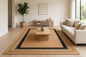 Natural Tan Jute Area <b>Rug</b> Handwoven with Black Border Farmhouse Boho <b>Rustic</b> Living Room Hall Natural Fiber Floor Carpet - Product Image 5