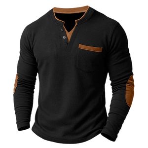 Men's Retro V-Neck <b>Long</b> <b>Sleeve</b> Hoodie Washed Blank Front Ribbed Fleece Pullover <b>Henley</b> Pocket Breathable Autumn Casual Wear - Product Image 1