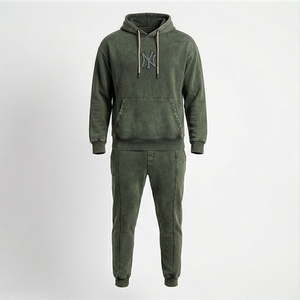 Men's Olive Green Hooded <b>Tracksuit</b> Solid Color Casual Sweatshirt With Front Logo And Matching Pants Full Length Regular Fit - Product Image 1