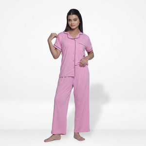 Conjunto de Pijama de Algodón Rosa para Mujer, Manga Corta, Cuello Peter Pan, Ropa de Dormir Clásica, Largo Completo, Suave, Transpirable, Cintura Elástica - Product Image 6