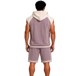 Customized Mens Dusty Mauve <b>Sleeveless</b> Hooded Tracksuit Set Custom Logo Gym Fitness Training Sports <b>Hoodie</b> And Shorts Activewear - Product Image 2