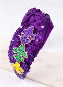New White Mardi Gras Beaded <b>Headband</b> Comfortable Luxury Crystal Embroidered Knotted Hairband with Green & Gold Sequin Detail - Product Image 4